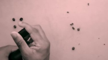 Düz biri mutfaktaki kahve çekirdeklerini elle öğütüyor.