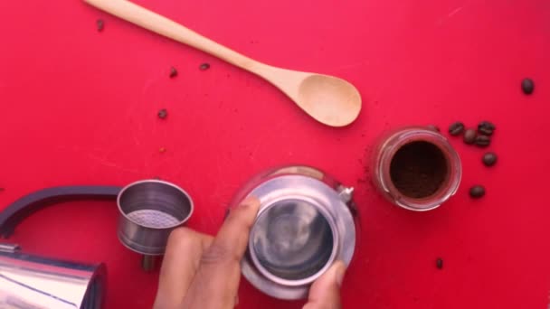 Flat Lay Uitzicht Van Persoon Die Espresso Koffie Met Een — Stockvideo