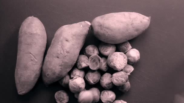 Degree Chef Preparing Sweet Potatoes Brussel Sprouts — Stock Video