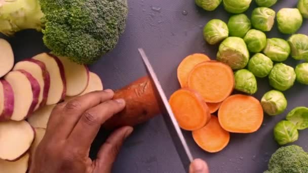 Degree Person Preparing Sweet Potatoes Brussel Sprouts — Stock Video