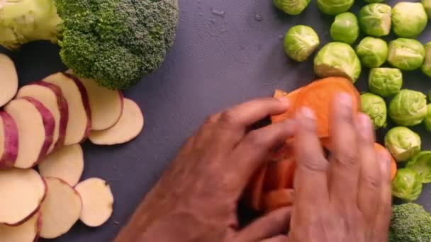 Degree Person Preparing Sweet Potatoes Brussel Sprouts — Stock Video