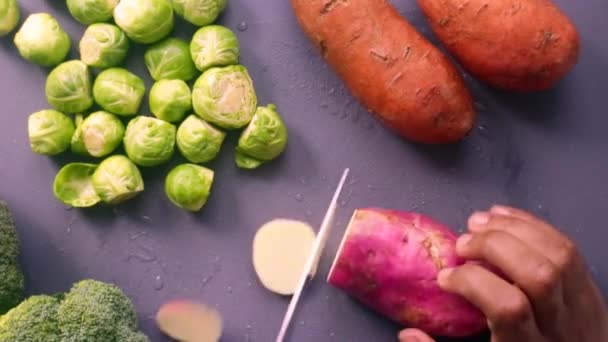 Degree View Chef Preparing Sweet Potatoes Brussel Sprouts — Stock Video