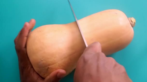Ploché Ruce Laik Připravuje Dýňové Máslové Squash — Stock video