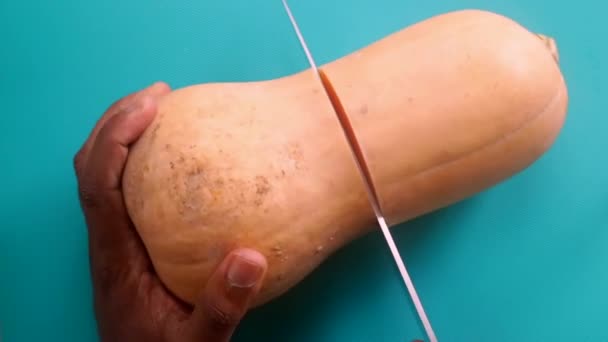 カボチャのバターナッツカボチャを準備フラットレイ人の手 — ストック動画