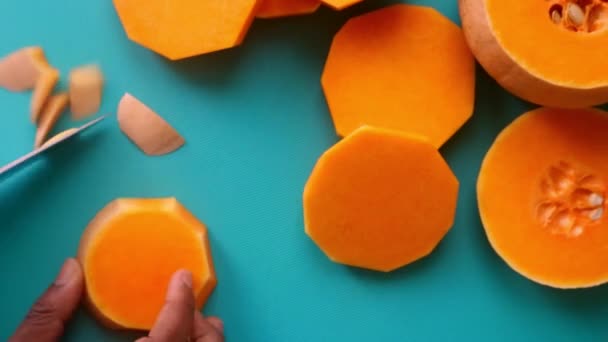 Flat Lay View Chef Preparing Pumpkin Butternut Squash Kitchen — Stock Video