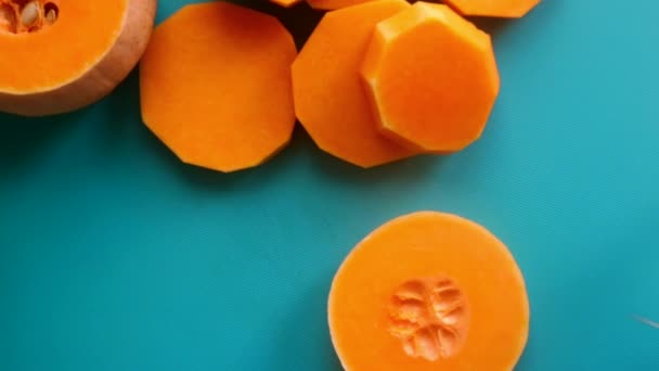 Flat Lay View Chef Preparing Pumpkin Butternut Squash Kitchen — Stock Video