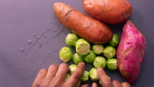 Degree View Chef Preparing Sweet Potatoes Brussel Sprouts — Stock Video