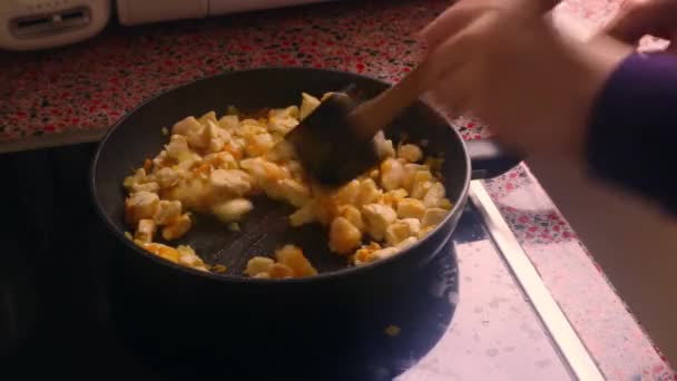 스토브 위에서 닭고기를 튀기는 — 비디오