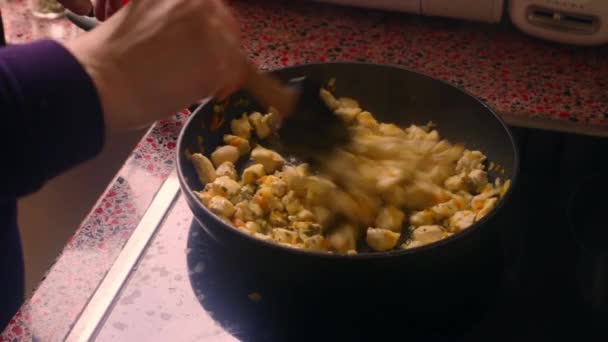 Mutfaktaki Elektrikli Ocakta Tavuk Kızartan Kişiye Yakın Çekim — Stok video