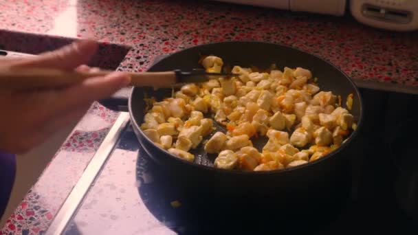 Menutup Orang Menggoreng Ayam Kompor Listrik — Stok Video