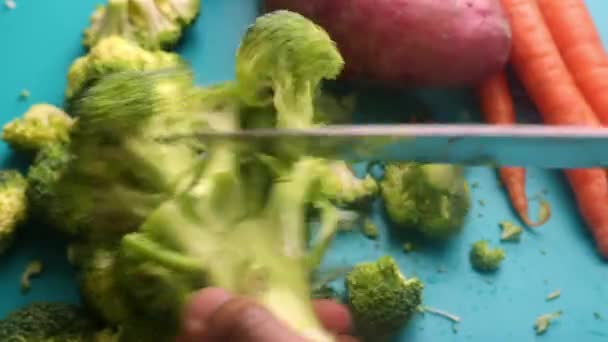 Gros Plan Personne Coupant Brocoli Pour Repas Sain — Video