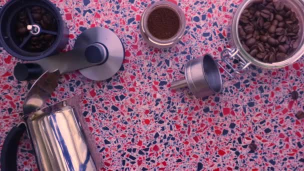 Flat Lay Uitzicht Van Persoon Die Espresso Koffie Met Een — Stockvideo