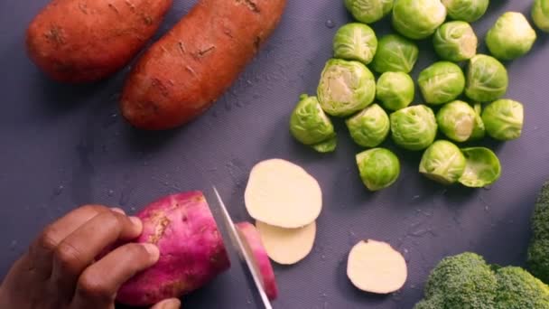 Top View Chef Preparing Sweet Potatoes Brussel Sprouts — Stock Video