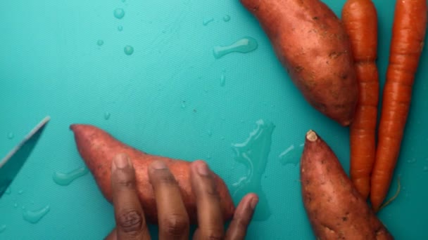 Top View Chef Preparing Organic Sweet Potatoes Carrots — Stock Video