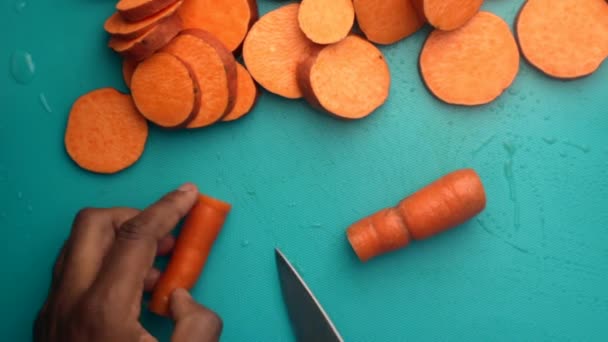 Top View Chef Preparing Organic Sweet Potatoes Carrots — Stock Video