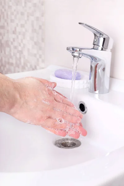 Man Washes Hands Soap Tap — Stock Photo, Image