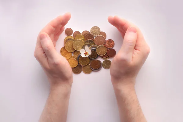Erkek eller madeni paraları alır ve madeni paraların üzerinde büyüyen madeni paralar bulunur. Paranızı gelir elde etmek için yatırın, iş büyür. Para için. Euro