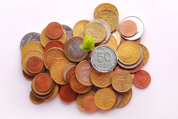 Beyaz arka planda bir yığın Euro ve Hryvnia senti. Ukrayna 'nın ulusal para biriminin güçlendirilmesi. Hryvnia daha da güçlendi. Ukrayna 'da para sıkıntısı. Avrupa Birliği 'ne katılmak. Güçlü para birimi