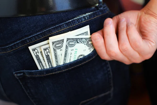 Hand Taking One Five Dollar Banknote Rear Shabby Jeans Pocket — Stock Photo, Image