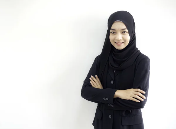 Mujer Musulmana Asiática Hermosa Inteligente Kurung Moderno Hijab Emoción Humana —  Fotos de Stock