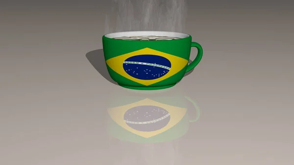 Bandeira País Brasil Colocado Uma Xícara Café Quente Espelhado Chão — Fotografia de Stock