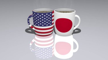 Amerika Birleşik Devletleri ve Japonya ilişkileri ulusal bayraklar tarafından ayna zemininde kahve fincanlarının üzerinde baş makale olarak gösterilmiştir.
