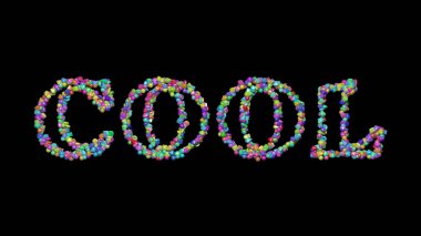 Cool: Gölgeli siyah arkaplan üzerinde küçük nesnelerden yapılmış metnin 3d çizimi