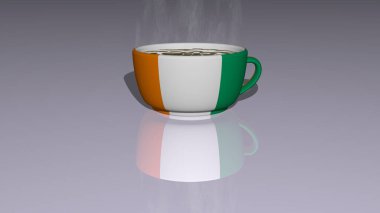 Cote D Ivoire 'nin ülke bayrağı yerde yansıtılan 3 boyutlu bir resimde bir fincan sıcak kahvenin üzerine yerleştirildi.