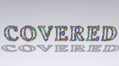 Renkli küçük nesneler tarafından üç boyutlu illüstrasyonla yazılmış beyaz bir arkaplana gölge düşürüyor