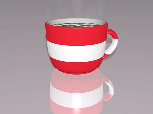 country flag of AUSTRIA placed on a cup of hot coffee in a 3D illustration mirrored on the floor with a realistic perspective