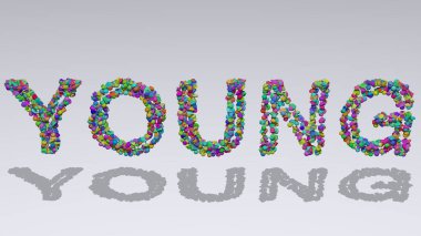 Renkli küçük nesnelerin beyaz arkaplana gölge düşürerek üç boyutlu illüstrasyonla yazdığı genç