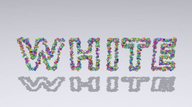 Renkli küçük nesnelerin beyaz arkaplana gölge düşürerek üç boyutlu illüstrasyonla yazdıkları beyaz