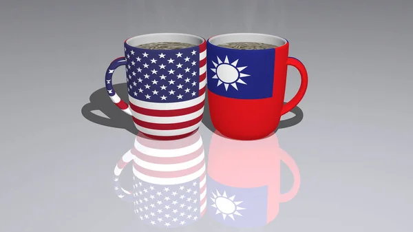 アメリカ合衆国と台湾の関係は 鏡床のコーヒーカップの上に国旗が表示されます — ストック写真