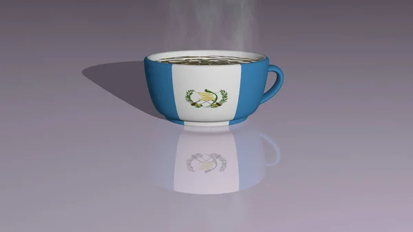 country flag of GUATEMALA placed on a cup of hot coffee in a 3D illustration mirrored on the floor with a realistic perspective