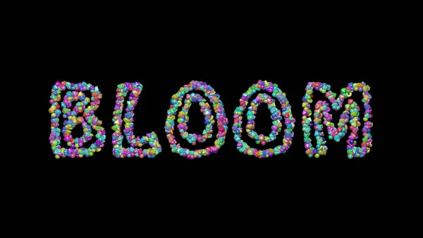Bloom Napisane Ilustracji Przez Kolorowe Małe Obiekty Rzucając Cień Czarne — Zdjęcie stockowe