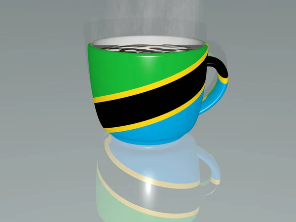 熱いコーヒーの上に置かれたタンザニアの国旗の3Dイラスト 現実的な視点と影が映し出されています — ストック写真