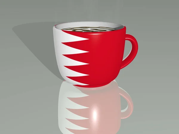 country flag of BAHRAIN placed on a cup of hot coffee in a 3D illustration with realistic perspective and shadows mirrored on