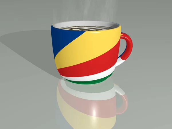 Bandeira País Seychelles Colocado Uma Xícara Café Quente Espelhado Chão — Fotografia de Stock