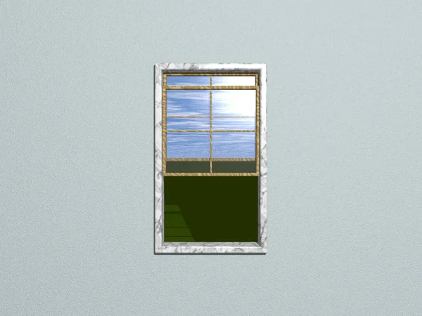 Otwarte Okno Skrzydła Ściany Light Cyan Widokiem Zewnątrz Trawnika Zachmurzonym — Zdjęcie stockowe