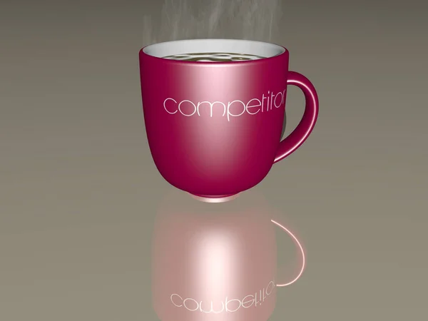 3D illustration of COMPETITOR  written on a smoking hot coffee mug on a mirror floor