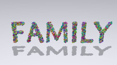 Renkli küçük nesneler tarafından üç boyutlu illüstrasyonla yazılan aile beyaz arkaplana gölge düşürüyor