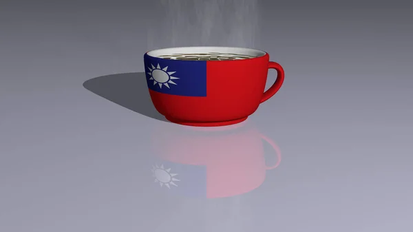 現実的な視点と影が映し出された3Dイラストで熱いコーヒーのカップの上に置かれた台湾の国旗 — ストック写真