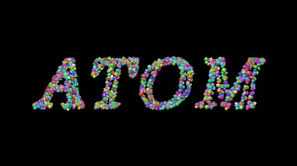 Atom: 3D illustration of the text made of small objects over a black background with shadows