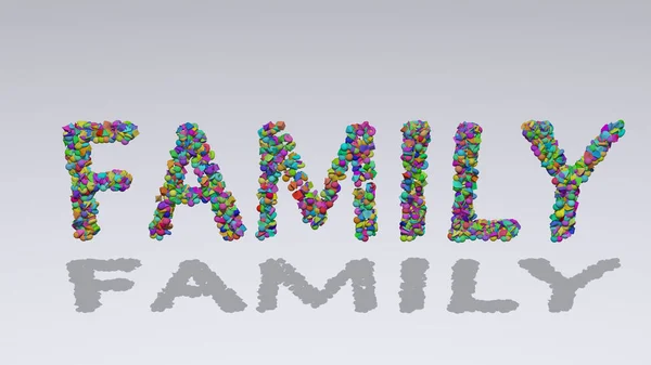 Family written in 3D illustration by colorful small objects casting shadow on a white background