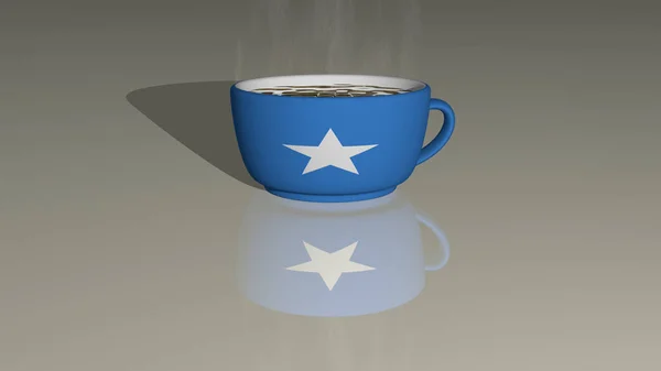 熱いコーヒーのカップの上に置かれたソマリアの国旗の3Dイラストは 現実的な視点と影が映し出されています — ストック写真
