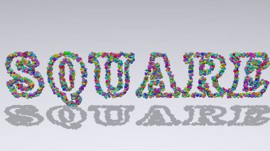 Renkli küçük nesneler tarafından üç boyutlu illüstrasyonla yazılmış SQUARE beyaz arkaplana gölge düşürüyor
