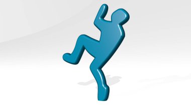 Duvarda kayıp düşen bir adam. Metalik heykelin beyaz arkaplan üzerine yumuşak desenli 3B çizimi