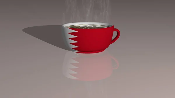 現実的な視点と床に反映影を持つ熱いコーヒーカップの上に置かれたバーレーンの3Dイラスト — ストック写真