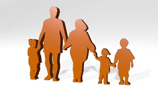 Family Holding Hands Children Made Illustration Shiny Metallic Sculpture Wall — Stock Photo, Image