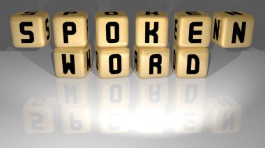 SPOKEN WORD made by golden dice letters and color crossing for the related meanings of the concept clipart